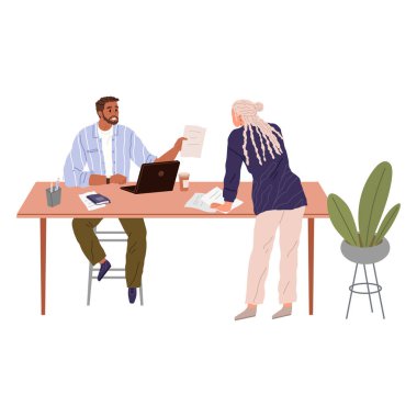 Ofis işleri. Vektör çizimi. Çalışan bir çalışan, iş akışını verimli hale getiren ofis yöneticisinin rehberliği altında çalışan kişilere beceri ve uzmanlıklarını sunar.