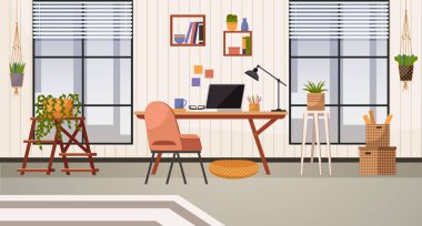Home office. Interior vector illustration. Work from home. Enjoys working in collaborative office environment Flat open-concept design Office home provided privacy for focused work Workspace in living