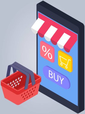 Satın almalar, internetten siparişler, e-ticaret konsepti. Akıllı telefon için mobil uygulama ürünleri satışı. İnternet alışverişi için internet sitesinden satın almak. Dijital pazarlama ve sanal mağaza