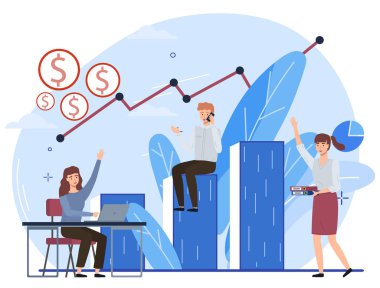 Ofis çalışanları. Vektör çizimi. Ortak hedef ve hedeflere ulaşmak için takım çalışması gereklidir. Bir ekip, iş arkadaşları arasında işbirliğini ve fikir alışverişini teşvik eder.