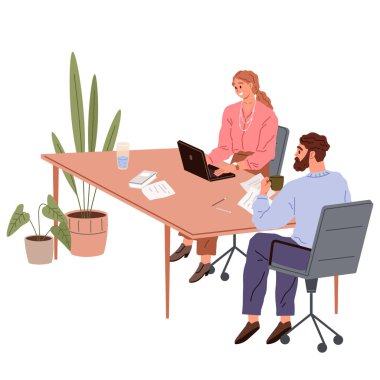 Ofis işleri. Vektör çizimi. Bir işçi olumlu tavır takınır ve pozitif çalışma ortamını teşvik eder. Ofisteki insanlar çeşitli çalışma gruplarıyla birlikte çalışır.