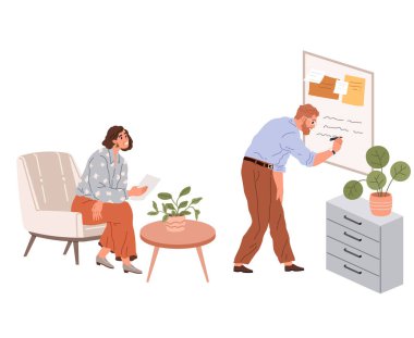 Ofis işleri. Vektör çizimi. Bir işçi, kişisel ve mesleki gelişim için fırsatlar arar. Ofis yöneticisinin rehberliğinde çalışanlar verimliliği sağlarlar.