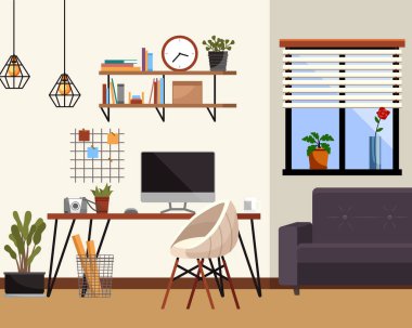 Home office interior. Vector illustration. Freelance and convenient job concept Business workspace in room interior Work from home, distant work, freelance, work online Designer architect workplace