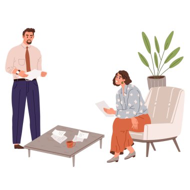 Ofis işleri. Vektör çizimi. Ofisteki insanlar, görevleri yerine getirmek ve teslim tarihlerini karşılamak için işbirliği içinde çalışırlar. Ofis çalışanları, organizasyonun sorunsuz işlemesinde hayati rol oynar.