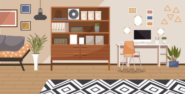 Home office. Interior vector illustration. Work from home. Flats interior design seamlessly integrates the home office Office space reflects a professional and functional environment Coming home after