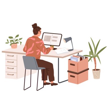 Ofis işleri. Vektör çizimi. Bir iş adamı, iş dünyasında başarılı olmak için bilgi ve tecrübelerinden yararlanır. Ofis çalışanları müşterileri ve müşterileri ile iletişim kurar.