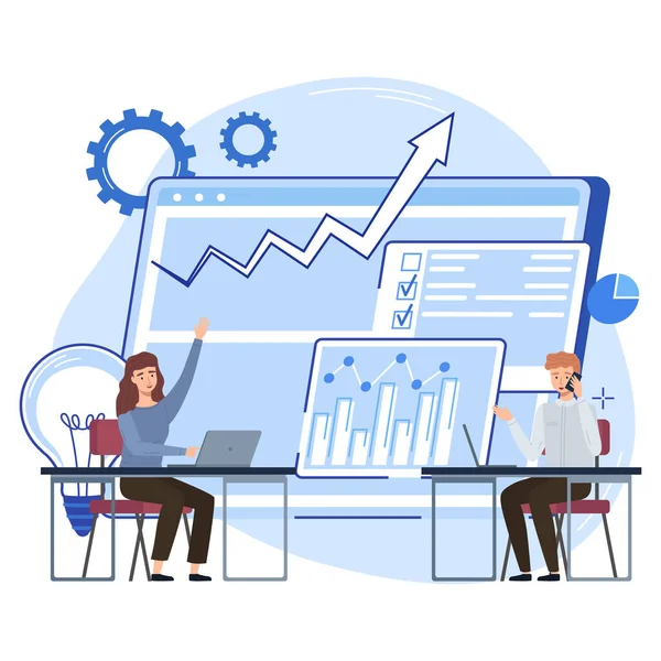 Ofis çalışanları. Vektör çizimi. İşçi çalışanı organizasyonun başarısına katkıda bulunur ofis yöneticisi günlük faaliyetleri denetler ve verimliliği sağlar.