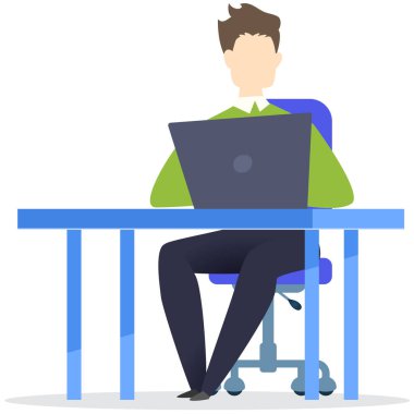 Businessman entrepreneur in suit working at his office desk. Man sitting with laptop surfing internet. Manager uses computer, modern technology for work. Clerk, office worker at workplace