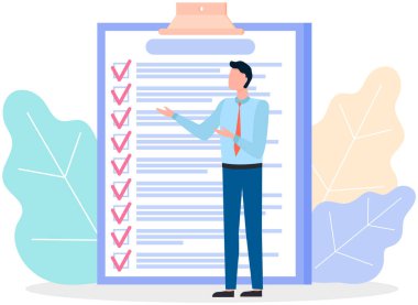 Ay çizelgesi, yapılacaklar listesi, zaman yönetimi. İşadamı kontrol ve planlama listesinin yanında duruyor. Plan tamamlandı, görev tamamlandı, zaman çizelgesi kağıt üzerinde. Kontrol listesi planı, zamanlama oluşturma kavramı