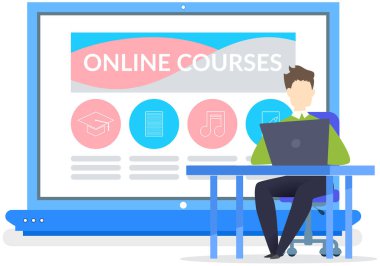 Çevrimiçi kurslarla çalışan, e-öğrenen, ders arayan bir adam. Uzaktan öğrenme ile çevrimiçi çalışan öğrenci. Bilgisayarlı adam internet üzerinden öğrenme kursları için uygulama ve program kullanıyor