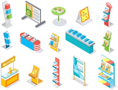 Takas malzemesi seti, boş raflar ve eşyalar. Ürün gösterimi için boş alanı olan mobilya vektör illüstrasyonunu depola. Depo ve mal saklamak için boş sıra. Ticari piyasa rafı izole edildi