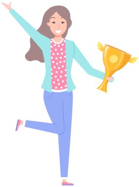 İş kadını ya da kâtip elinde fincanla ayakta duruyor. Kadın ödülü kazanır, yarışmada zafer kazanır. İş planlaması ve başarı için geliştirme. Hanımefendinin elinde zafer ve başarının sembolü olarak altın ödül var.