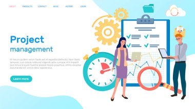 Proje yönetimi web pankartı kavramı. İş planı ve strateji fikri. Pazarlama analizi ve geliştirme, iş iletişimi, iş akışı ve danışmanlık, takım olarak çalışan meslektaşlar