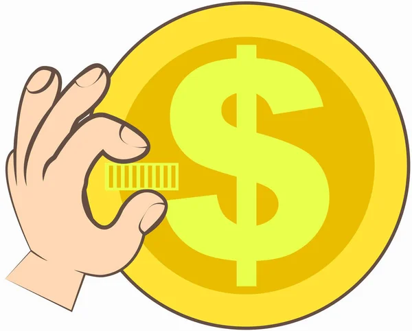 Gouden Munt Met Dollarteken Geïsoleerd Witte Achtergrond Menselijke Hand Die — Stockvector