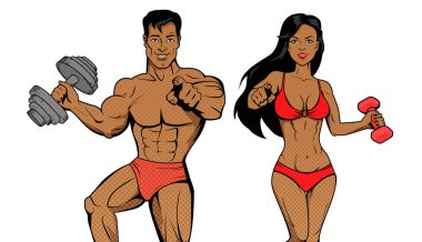 Fitness kadını ve erkek. Vektör çizimi. Vücut kaslarını geliştirmek, vücut kaslarını geliştirmeyi içerir. Vücut kaslarını geliştirmek için vücut ağırlıkları, vücut geliştirme, vücut geliştirme, vücut geliştirme, vücut geliştirme, vücut geliştirme, vücut geliştirme ve vücut geliştirme.