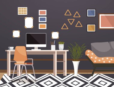 Merkez ofis. İç vektör çizimi. Evden çalışıyorum. Mobilyalar ofis alanında konfor ve tarz için Uzaktan Çalışma Ofisi iş ve ev için iyi düzenlenmiş oda dağınıklığı ve düzensizliği teşvik eder