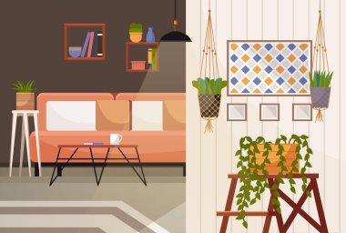 Merkez ofis. İç vektör çizimi. Evden çalışıyorum. İç mimar odaların tasarımına doğal elementler ekledi Çalışma alanı bireysel çalışma tarzı mobilya ofis alanında dayanıklılık ve dayanıklılık için