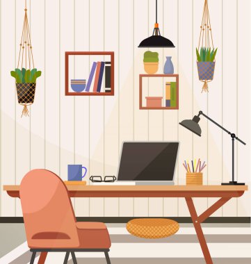 Home office. Interior vector illustration. Work from home. Furniture in office area for durability and practicality Working remotely allows for a flexible schedule and improved work-life balance