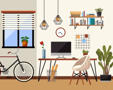 İçişleri Bakanlığı. Vektör çizimi. Kurumsal ya da serbest çalışma için mobilyaları olan modern bir çatı katı modern oturma odası, ev ya da ofis.,