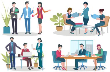Ofis çalışanları. Vektör çizimi. Ofis çalışanları verimli bir iş yönetimi için teknolojiden yararlanırlar ofis işi etkili bir zaman yönetimi ve öncelik verme becerisi gerektirir.