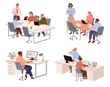 Ofis işleri. Vektör çizimi. Ofis çalışanları takım tartışmalarına ve karar verme süreçlerine aktif olarak katkıda bulunurlar. Bir işçi, beceri ve bilgilerini genişletmek için fırsatlar arar.