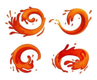 Su ve meyve suyu likör sıçratır. Vektör İllüstrasyonu. Kırmızı bir dökülme şekli, bozulma anından doğan zorlayıcı bir bileşim su sıçraması, dinamik su hareketi taze su sıçraması.,