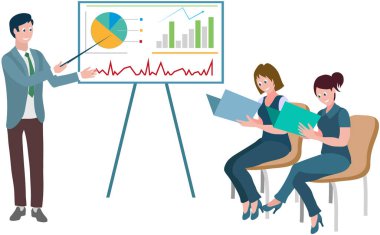 Ofis çalışanları. Vektör çizimi. Bir iş adamı müşterileri ve ortaklarıyla güçlü ilişkiler kurar. Ofis işyeri açık iletişim iş sunumunu teşvik eder. Takım çalışması geliştirir.
