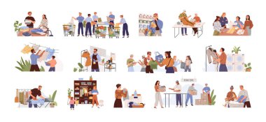 Kıyafet bakımı ve giysi bakımı. Temizlik, yıkama, kurutma ve kurutma sahneleri. Giysileri ve giysi bakımını, çıkarmayı, tamir etmeyi ve buharı tüten giysileri. Bağış yapanlara kıyafet paylaşımı