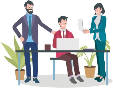 Ofis çalışanları. Vektör çizimi. Ofis çalışanları iş akışını düzene sokmak için etkin bir şekilde iletişim kurarlar. Ofis işi, detaylara ve organizasyonel becerilere dikkat gerektirir.