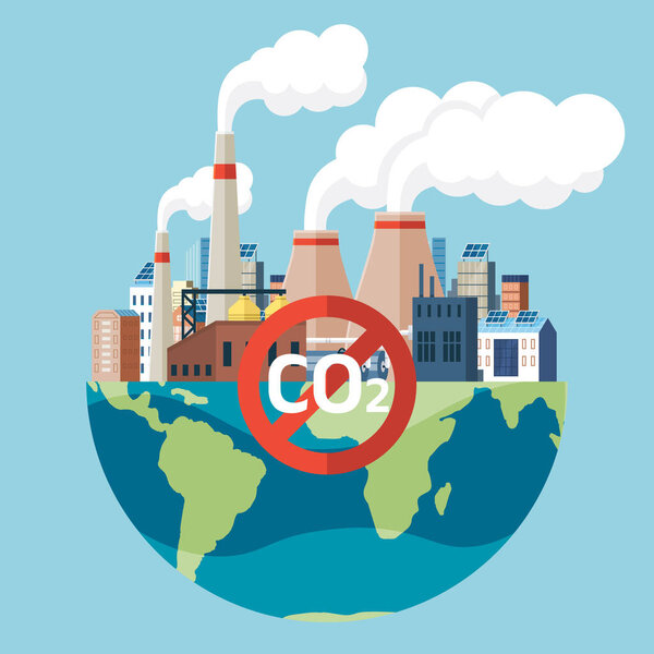 Prohibiting emissions carbon dioxide CO2 red sign crossed out inside circle on blue background with globe and smoking chimneys of factory. Prohibition symbol icon, stop pollution vector Illustration