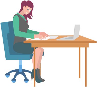 Masada çalışan bir iş kadını ya da katip. Ofiste işyerinde oturan bir bayan. Bilgisayarla çalışırken şirket çalışanı. Klavyede yazan kız işçi. Kadın karakter işini yapıyor.