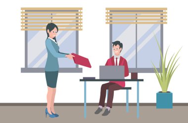 Ofis çalışanları. Vektör çizimi. Takım çalışması, takım toplantısında sorun çözme ve karar verme süreçlerini geliştirir, stratejiler tasarlanır ve eylem planları ofis çalışanları tarafından oluşturulur