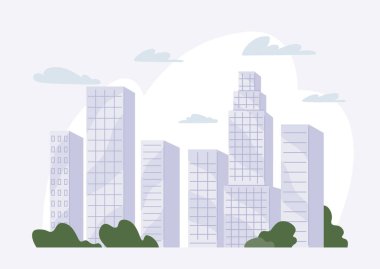 Şehir manzarası düz bir şekilde. Modern şehir manzarası, büyük kasabanın mimarisi. Yüksek yapılardan oluşan bir grup belediye arazisi. Yüksek binalar, cam cepheli gökdelenler.