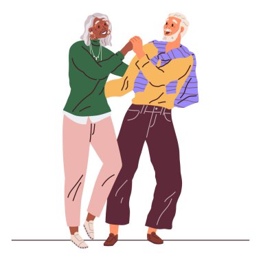 Yaşlı insanlar diskoda dans eder. Büyükanne ve büyükbaba eğlencesi. Mutlu yaşlı çift, el ele tutuşup beyazların izole ettiği dans hareketini gösteriyor. Emeklilik etkinliği kavramı