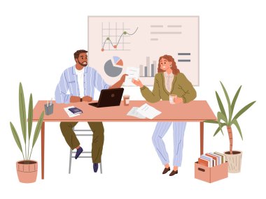 Ofis işleri. Vektör çizimi. Ofis çalışanları değişikliklere adapte olur ve ofiste yeni teknolojileri benimserler. Çalışan bir çalışan, görevdeki rollerine olan bağlılığını ve bağlılığını gösterir.