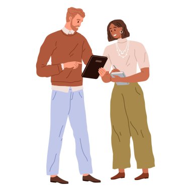 Ofis işleri. Vektör çizimi. Bir iş adamı, iş dünyasında başarılı olmak için bilgi ve tecrübelerinden yararlanır. Ofis çalışanları müşterileri ve müşterileri ile iletişim kurar.