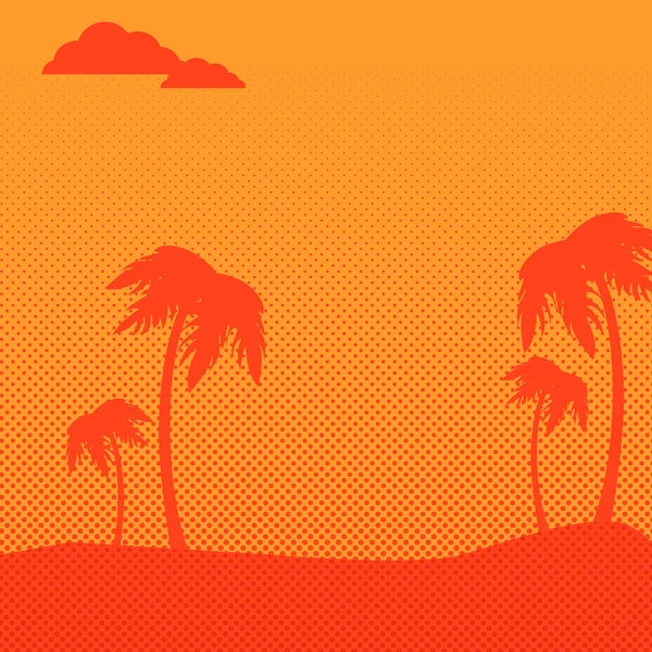 Summer Landscape Orange Background Palm Trees Sunset Sandy Beach Red — Stock Vector