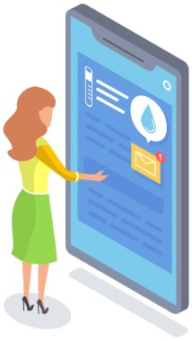 Hava tahmini uygulaması vektör illüstrasyonlu cep telefonu. Kadın hava sıcaklığını belirlemek için uygulama kullanıyor. Hava ve yağış tahmin programı ile akıllı telefon ekranına bakan kız