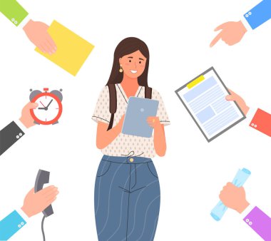 İş çevresi ve çalışan genç kadın posteri. Saatli ve telefonlu eller, alıcılarla ilgilenir. Çoklu görev, aşırı yükleme, beyin fırtınası konsepti. Etrafı iş eşyalarıyla çevrili bir kadın.