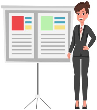 Kadın ofis çalışanı sunum kurulunun yanında mali beyanname sunuyor. Proje yönetimi ve iş toplantısı konsepti. Danışmanlık ekibi, iş analizi planlama.