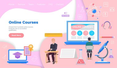 Eğitim sitesi olan büyük bir dizüstü bilgisayar. Bedava online kurslar, sertifika kursları, online işletme okulu, internet konseptiyle eğitim. Web sayfası şablonu, iniş sayfası düz biçimi