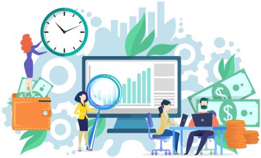 İstatistiklerin sunumu ve muhasebeyle uğraşan çalışanlar. İş ekibi verileri analiz ediyor, kâr grafiği büyüyor. Yöneticiler istatistiksel rapor hazırlar. Meslektaşlar iş göstergelerini tartıştılar