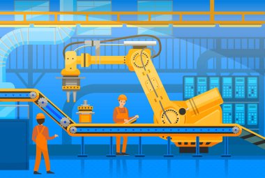 Robot kol malları kaldırır ve taşıyıcıya yığar. İşçilerle ambalajlama için otomatikleştirilmiş robot üretim hattı. Teknik ekip, fabrikada teknoloji, ekipman ve makinelerle çalışıyor.