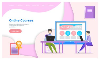 Çevrimiçi kurslarla, eğitim programıyla çalışan insanlar. Uzaktan öğrenme uygulaması ile online çalışan öğrenciler. İnternet üzerinden ders çalışma programı. Eğitim web sitesi iniş sayfası şablonu