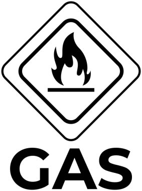 Ateşli uyarı sembolü. Yanıcı madde, patlayıcı sıvı, basınçlı gaz, propan, oksijen konsepti. Beyaz arkaplanda izole edilmiş alev ve gaz yazıtlı uyarı işareti