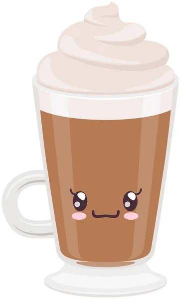Niedliche Kaffee Latte Mit Schaum Und Sirup Aufkleber Kawaii Symbol — Stockvektor