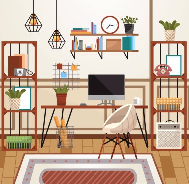 İçişleri Bakanlığı. Vektör çizimi. Evde çalışmak, ortak çalışma alanı ev ofis yaratıcı ofis çalışma alanı boş işyeri, masa başı bilgisayar çalışma alanı yok.