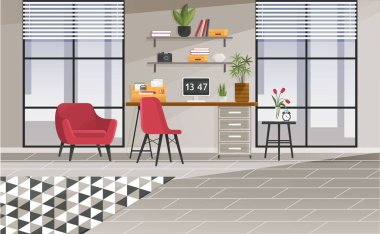 İçişleri Bakanlığı. Vektör çizimi. Oturma odası modern iç mekan, ev ya da ofis mobilya, iş yeri iş yeri ofis mecazı ofis mobilya iç konsept