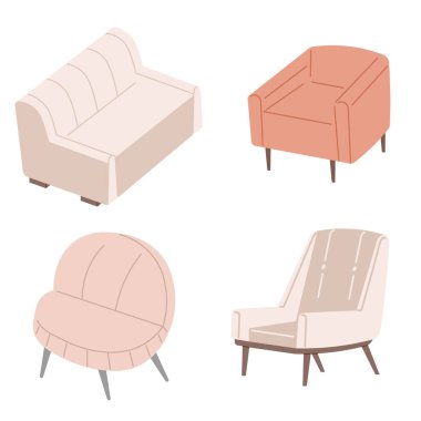 Bej rengi basit mobilyalar. Pastel renklerde klasik kanepe ve koltuk. Çağdaş yatak odası ya da oturma odası mobilyası. Beyaz arkaplanda vektör illüstrasyonu ayarlandı. Isometric ofis yumuşak nesneleri.