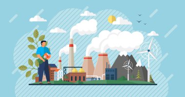 Karbondioksit geri dönüşümü. Yenilenebilir alternatif enerji. Üretim için ekolojik CO2 tüketimi. Doğa dostu ve temiz yakıt ikamesi. Yeşil enerji ve rüzgar çiftliği, hava emisyonunu durdurun.